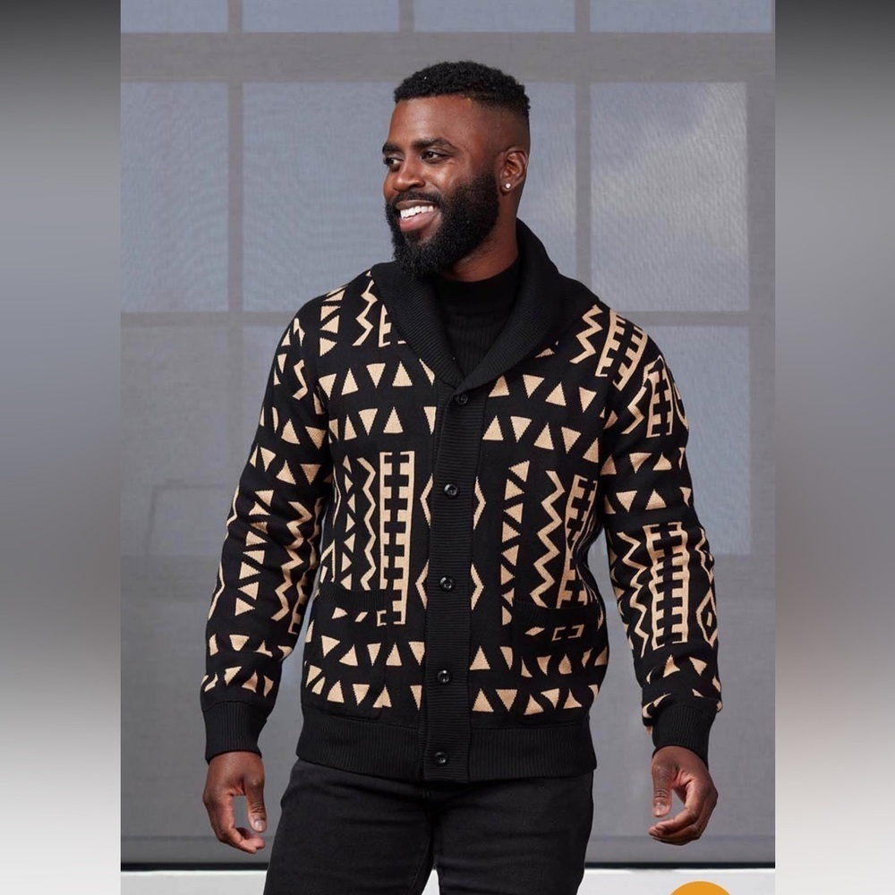 D'Iyanu Mens NWT Cardigan Sweater Sz 3XL African Print Black/Tan Geometric NEW